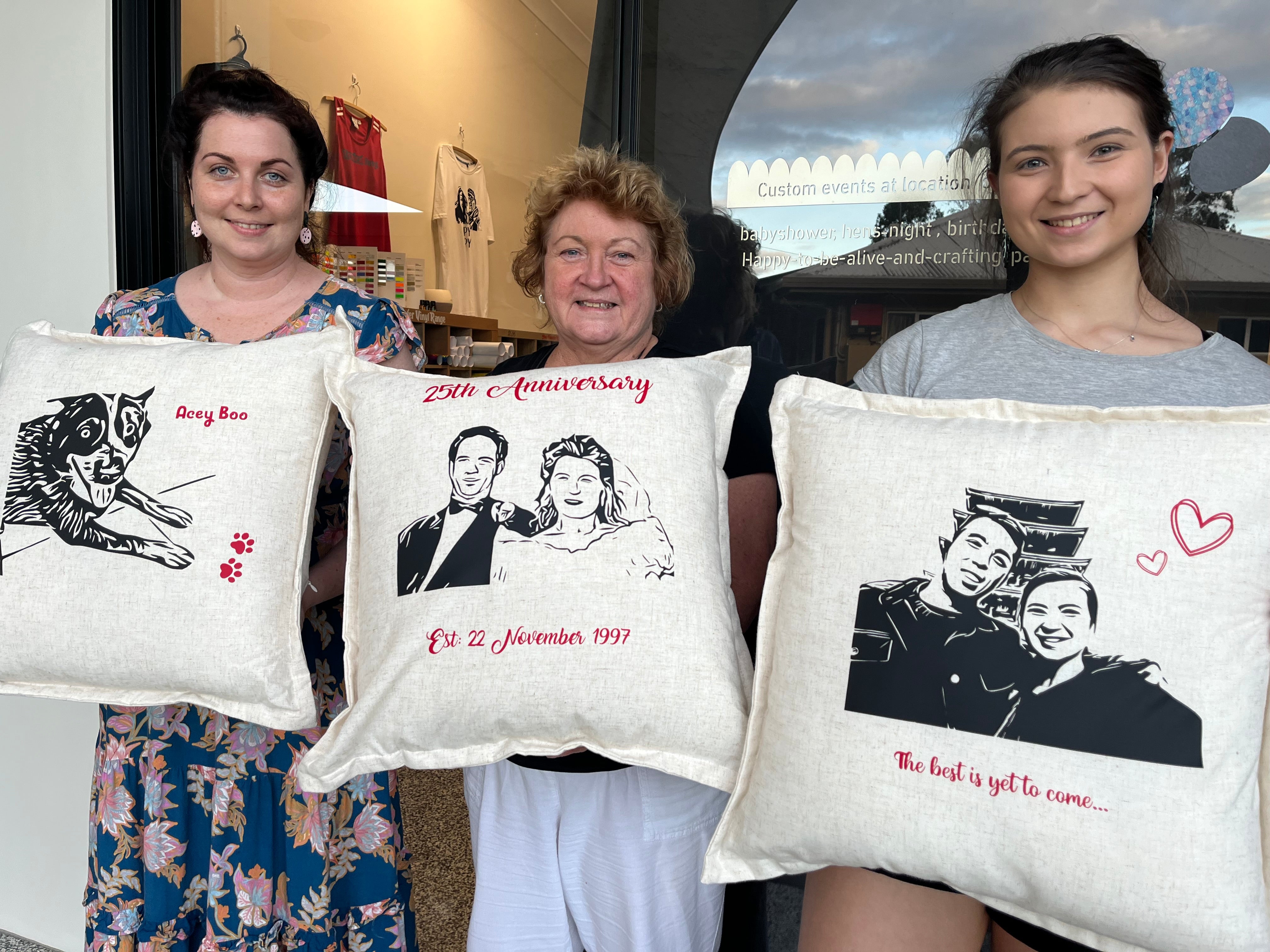 our monthly pillow workshop, using HTV Vinyl to transform your photo into a beautiful gift.  